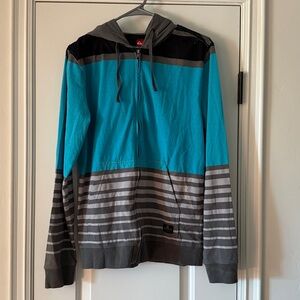 Quiksilver Mens Hoodie Gray and Blue Cotton Blend Hooded Full Zip Size M